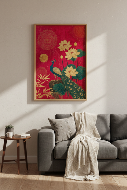 Peacock &amp; Lotus Wall Art | Gold Mandala Indian Decor | Boho Chic Poster