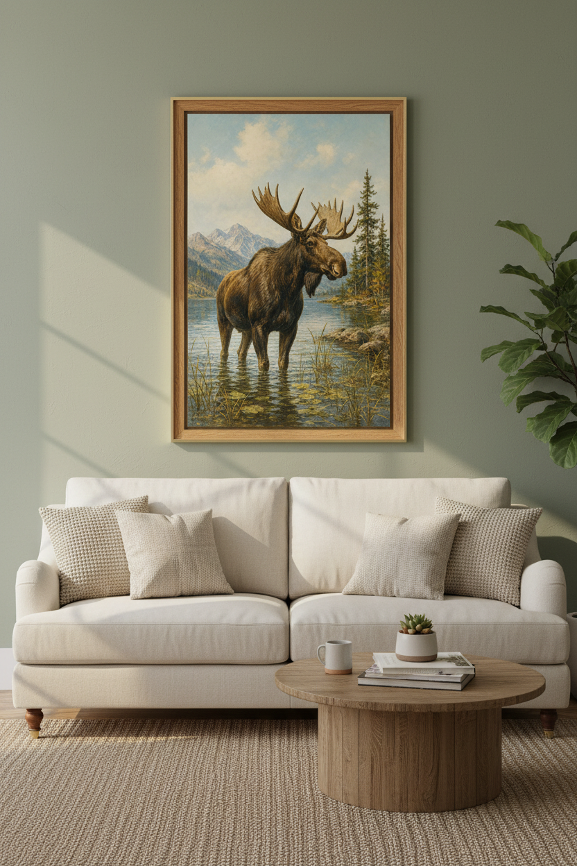 Majestic Moose Lake Side Wall Art | Cabin Decor | Rustic Nature Poster