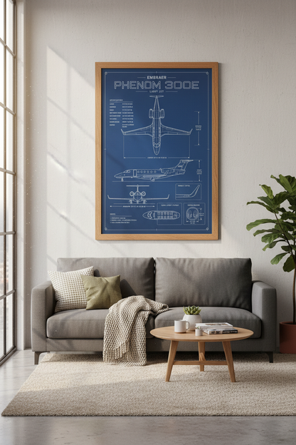 Embraer Phenom 300E Light Jet Blueprint | Aviation Office Decor | Private Jet Poster