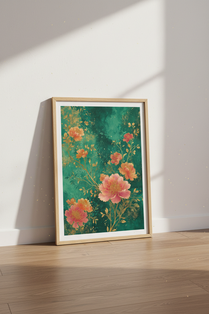 Peony Floral Wall Art | Emerald &amp; Gold Chinoiserie Print, Living Room Decor
