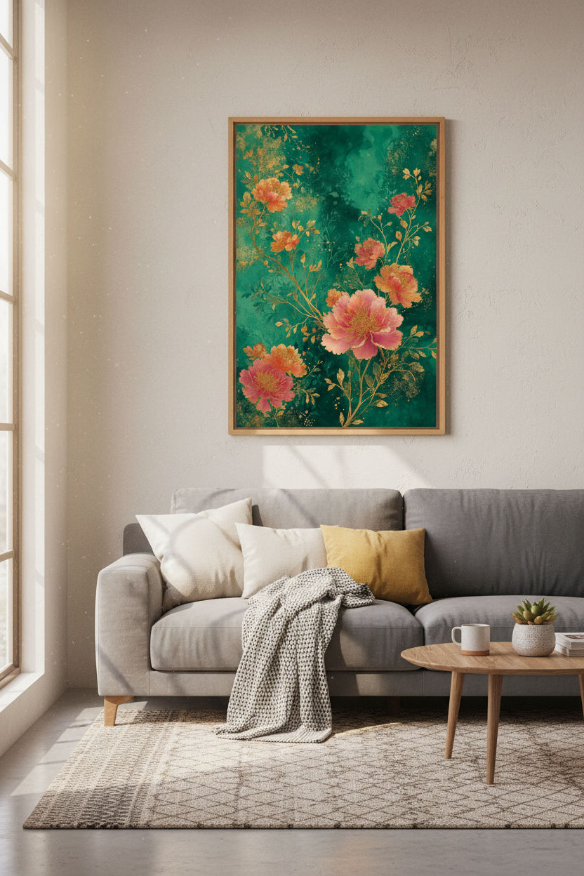 Peony Floral Wall Art | Emerald &amp; Gold Chinoiserie Print, Living Room Decor