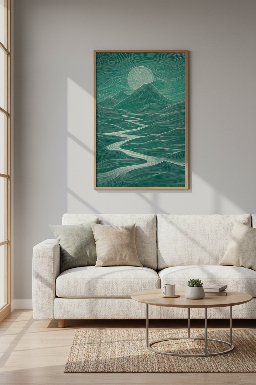Moon &amp; Mountain Line Art | Emerald Green Landscape, Modern Office Decor