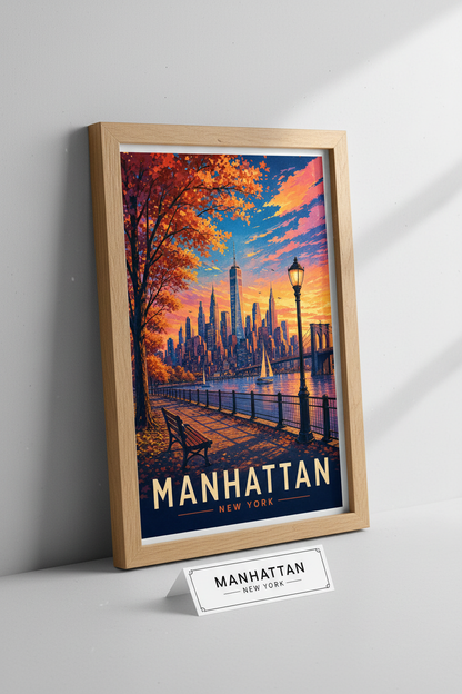 Manhattan NYC Skyline Wall Art | Orange Autumn Sunset, New York City Poster