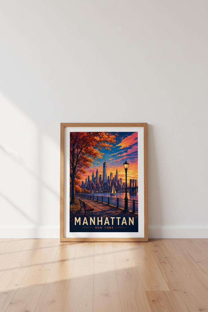 Manhattan NYC Skyline Wall Art | Orange Autumn Sunset, New York City Poster