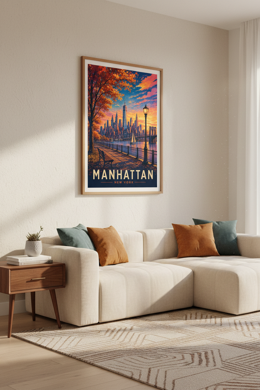 Manhattan NYC Skyline Wall Art | Orange Autumn Sunset, New York City Poster