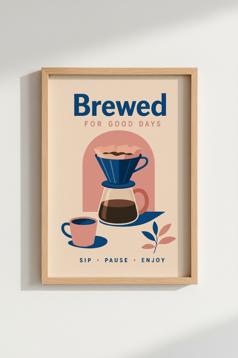 Retro Coffee Art Print | Modern Kitchen Decor | Navy Blue and Pink Cafe Poster