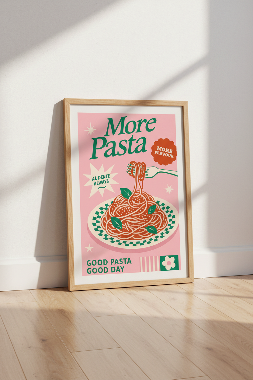 Retro Pasta Wall Art Print | Kitchen Decor | Pink Aesthetic Poster