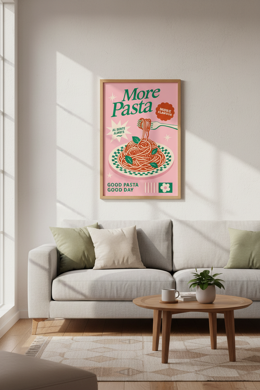 Retro Pasta Wall Art Print | Kitchen Decor | Pink Aesthetic Poster