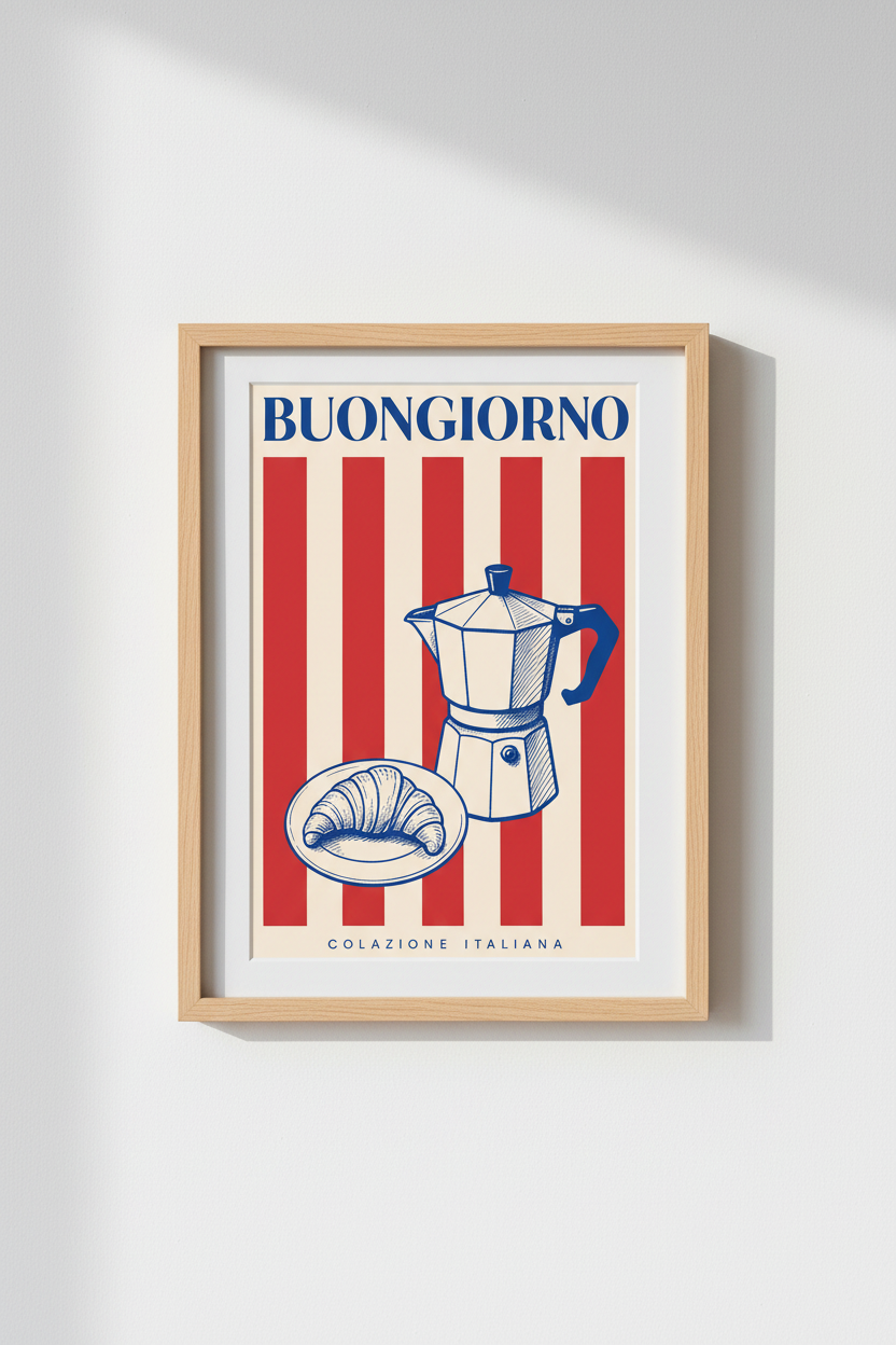 Moka croissant scene Wall Art Print | Kitchen Decor | Retro Poster