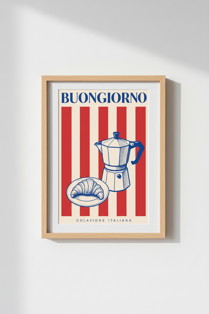 Moka croissant scene Wall Art Print | Kitchen Decor | Retro Poster