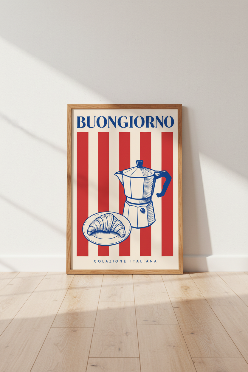 Moka croissant scene Wall Art Print | Kitchen Decor | Retro Poster