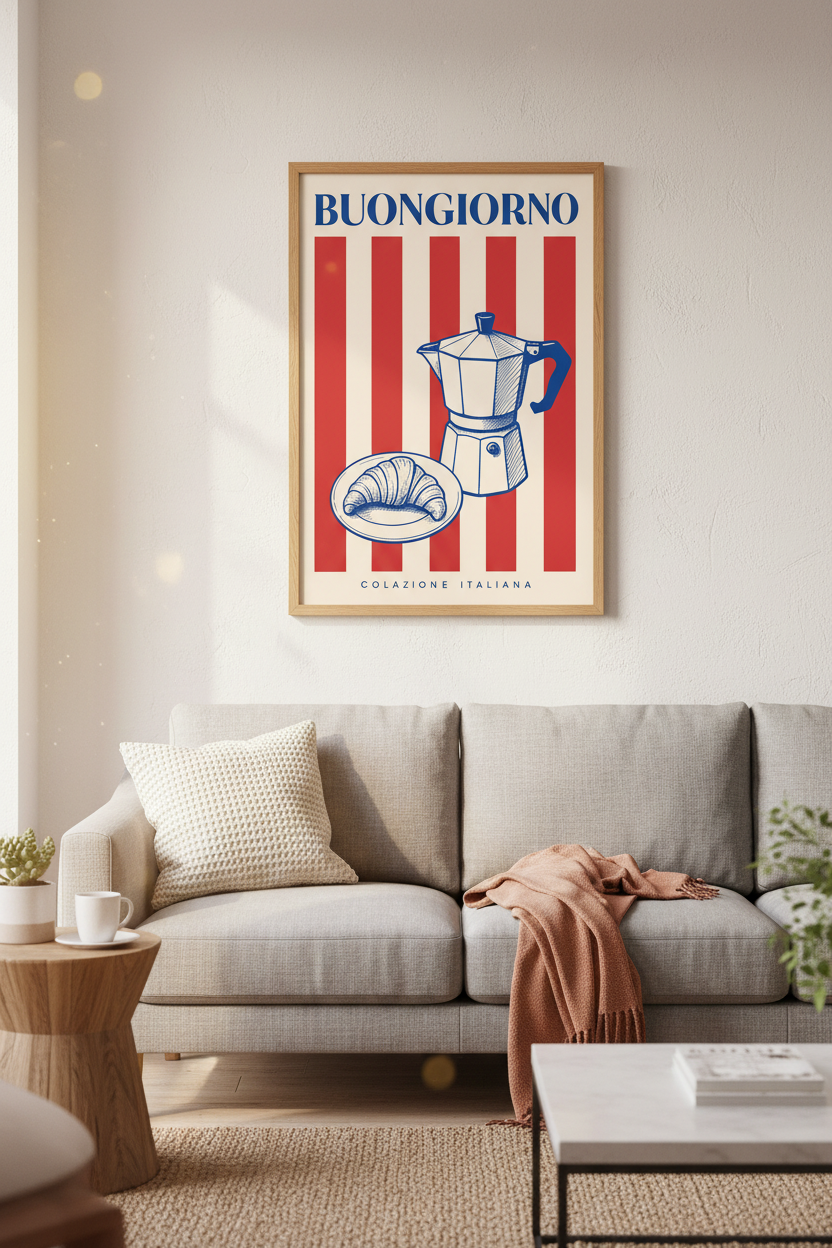 Moka croissant scene Wall Art Print | Kitchen Decor | Retro Poster