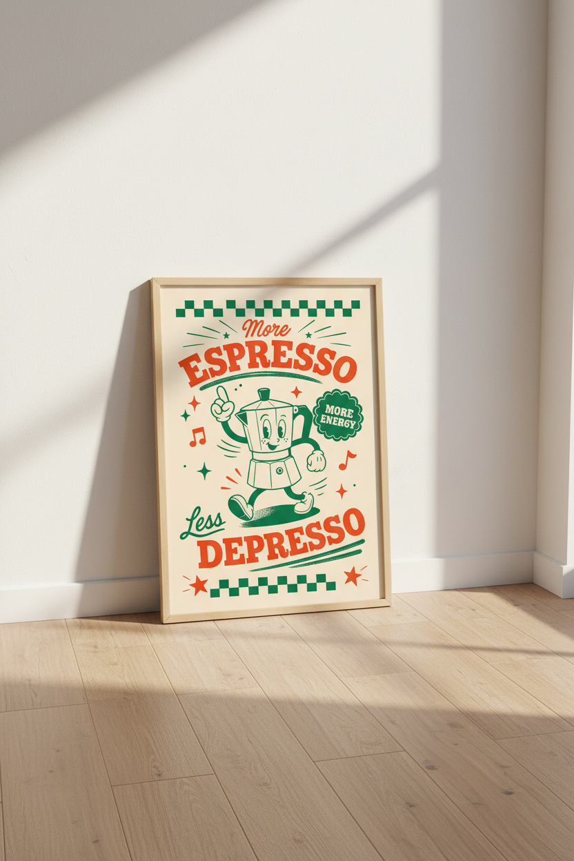 More Espresso Less Depresso Wall Art | Retro Coffee Poster, Kitchen Decor