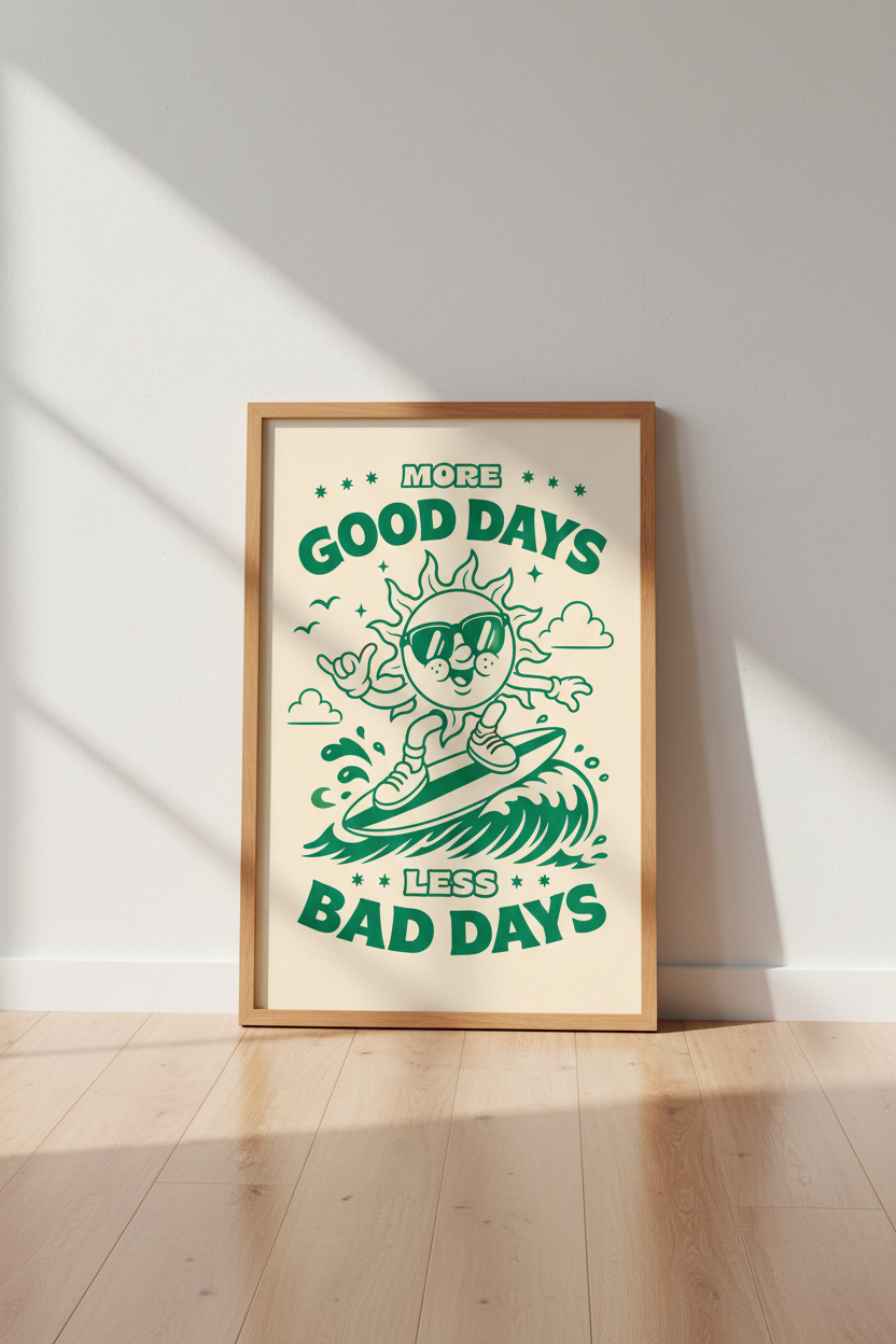 Retro Surfing Sun Wall Art Print | Positive Quote Decor | Green Aesthetic Poster