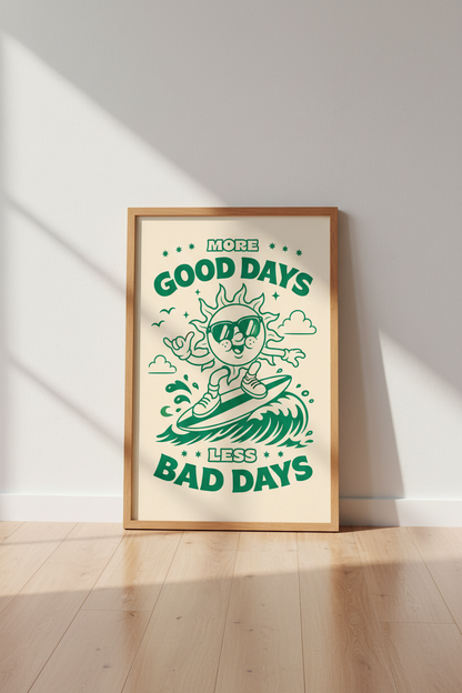 Retro Surfing Sun Wall Art Print | Positive Quote Decor | Green Aesthetic Poster