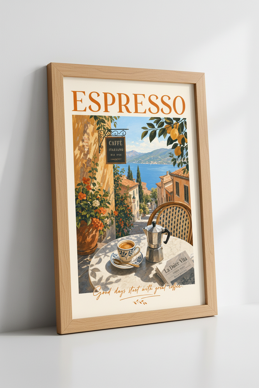 Italian Espresso Cafe Wall Art | Mediterranean Coastal Poster, Kitchen Decor