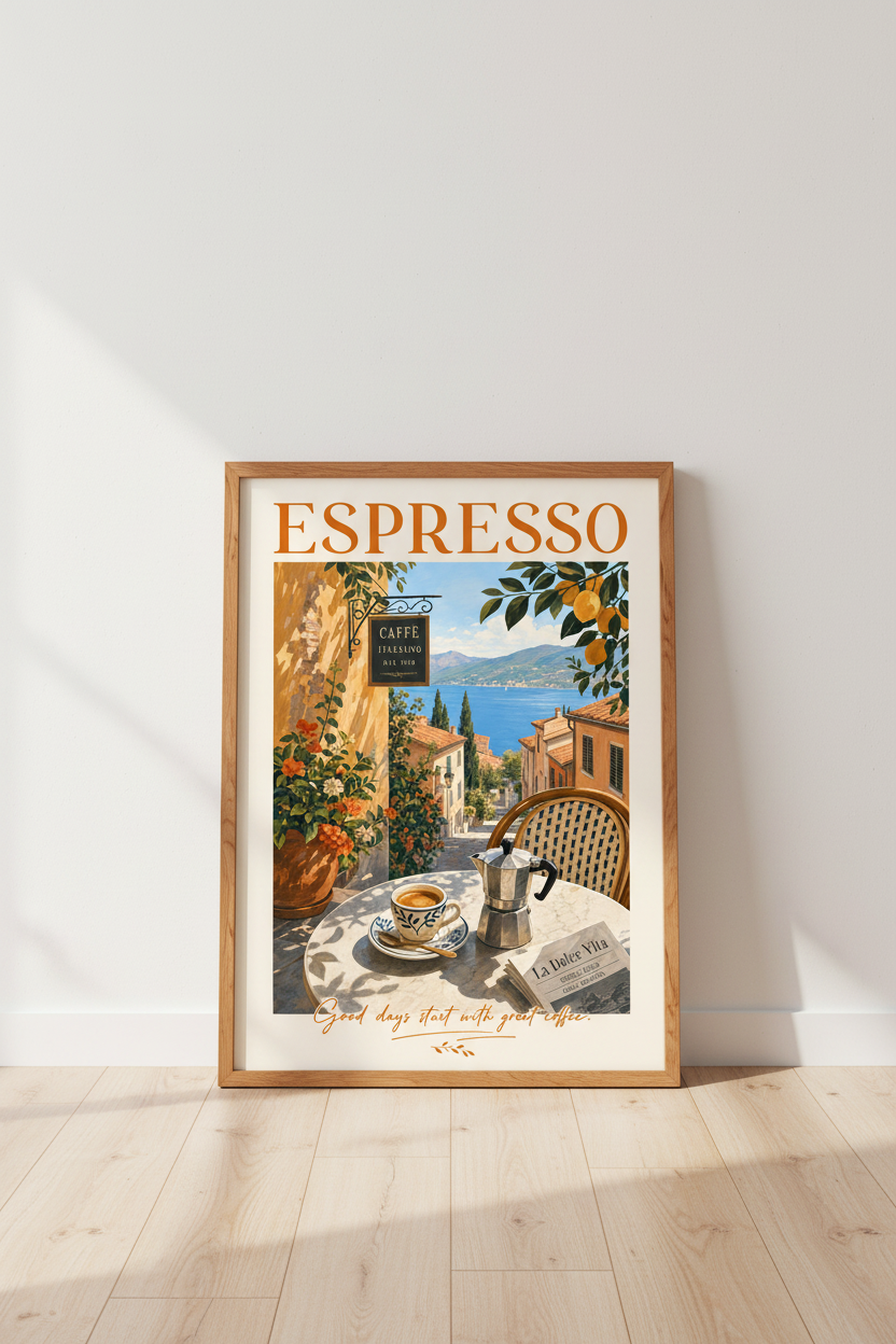 Italian Espresso Cafe Wall Art | Mediterranean Coastal Poster, Kitchen Decor