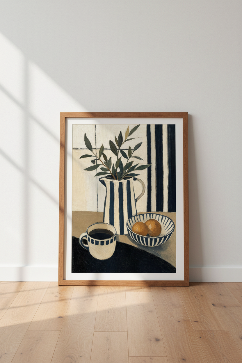 Mediterranean Still Life | Navy Blue Stripe Oil Painting, Kitchen &amp; Dining Wall Art