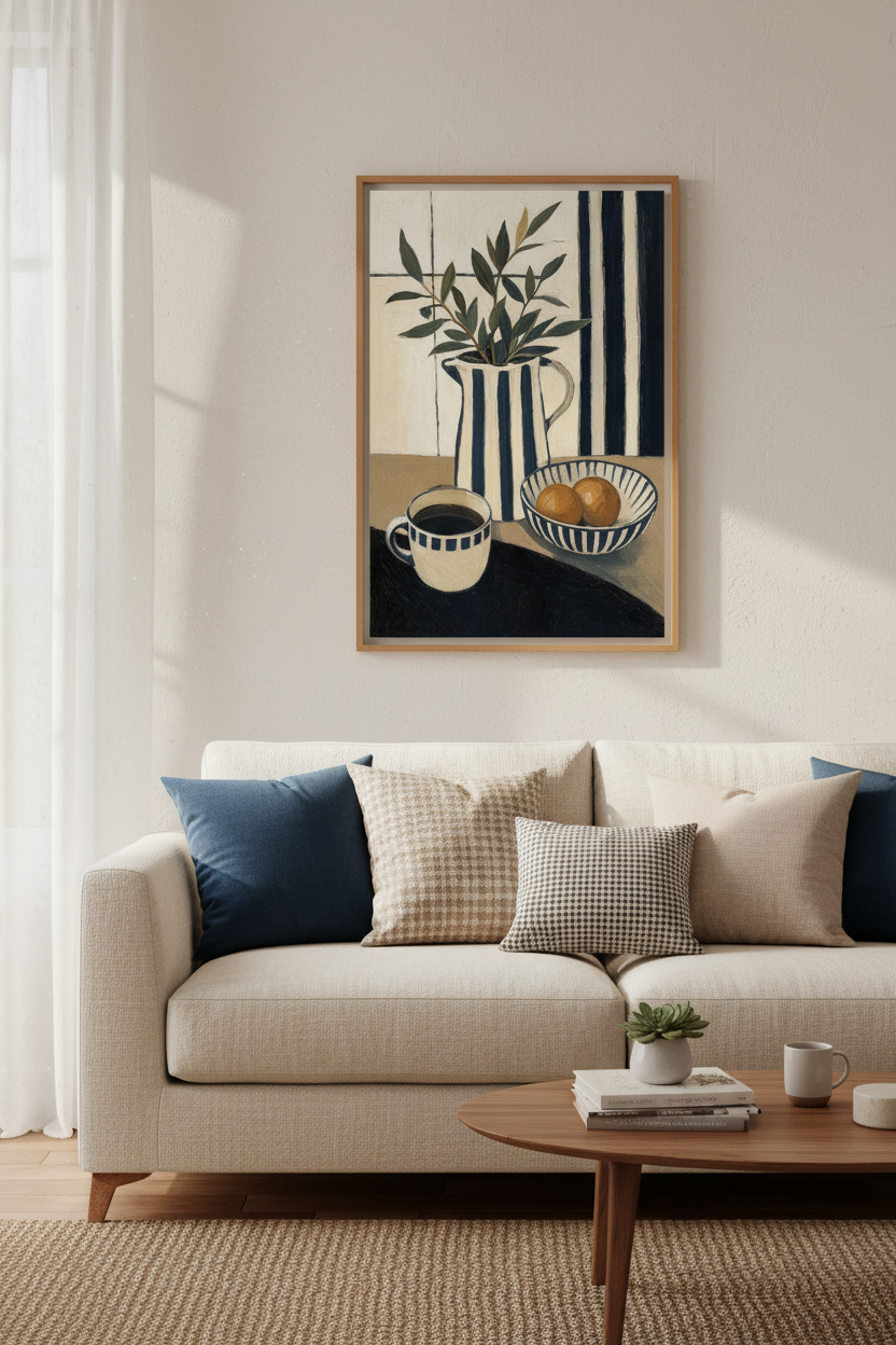 Mediterranean Still Life | Navy Blue Stripe Oil Painting, Kitchen &amp; Dining Wall Art