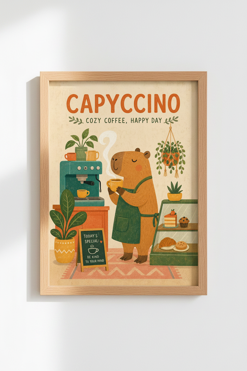 Capybara Coffee Art Print | Cute Kitchen Cafe Decor | Whimsical Animal Poster