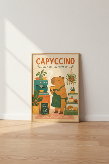 Capybara Coffee Art Print | Cute Kitchen Cafe Decor | Whimsical Animal Poster