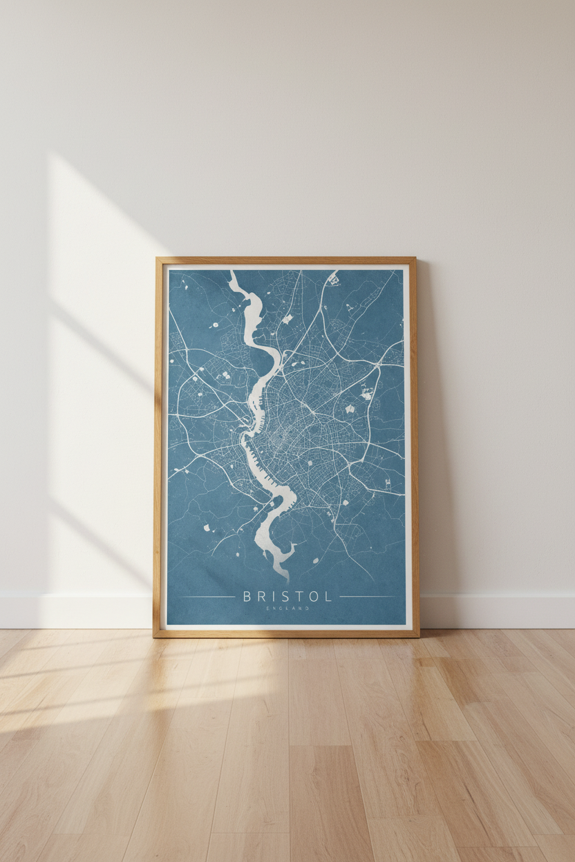 Bristol England City Map | Minimalist Blue &amp; White Poster, Office &amp; Home Art