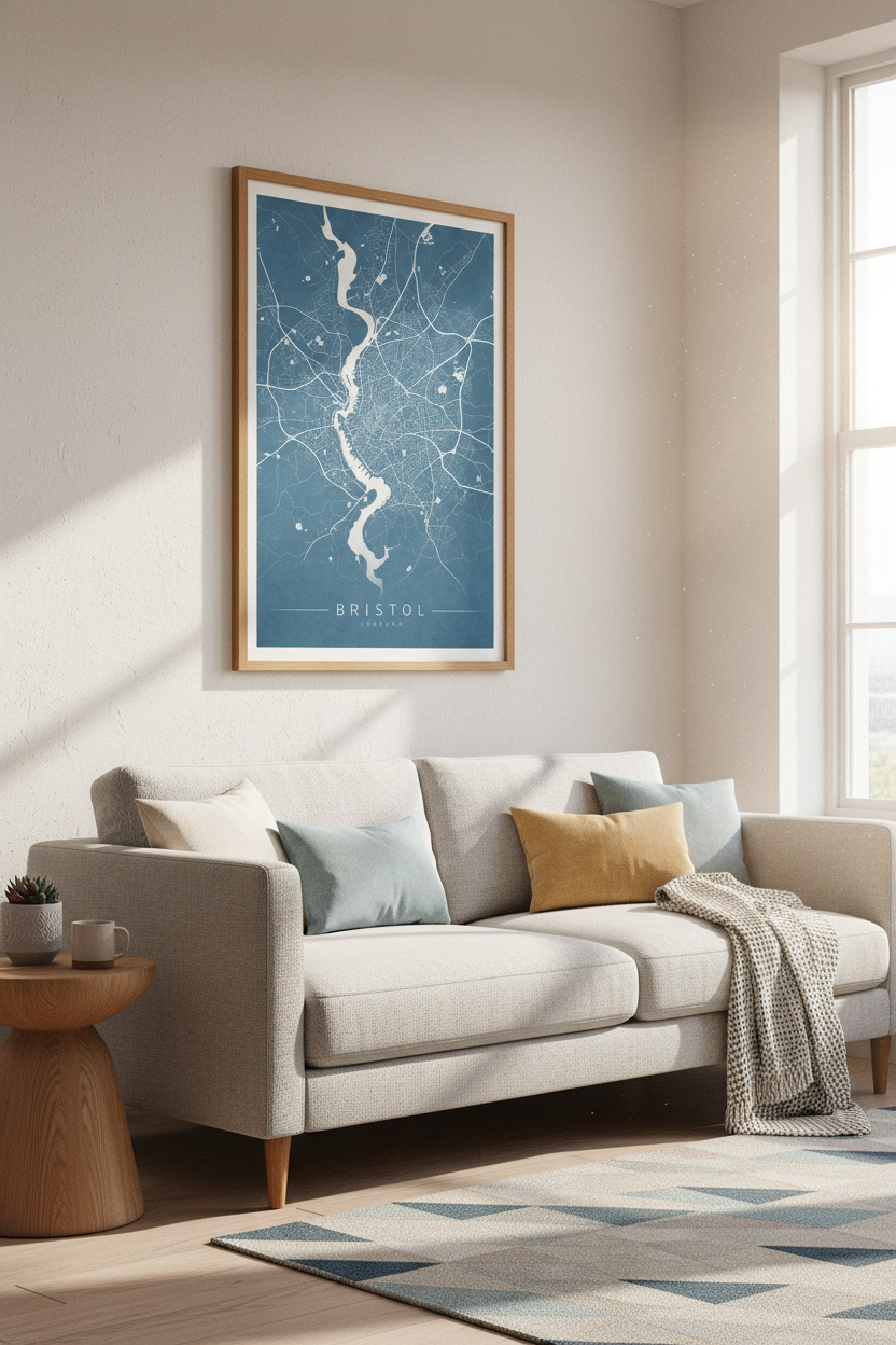Bristol England City Map | Minimalist Blue &amp; White Poster, Office &amp; Home Art