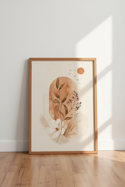 Boho Floral Arch Wall Art | Terracotta Sun &amp; Botanical Poster, Minimalist Decor