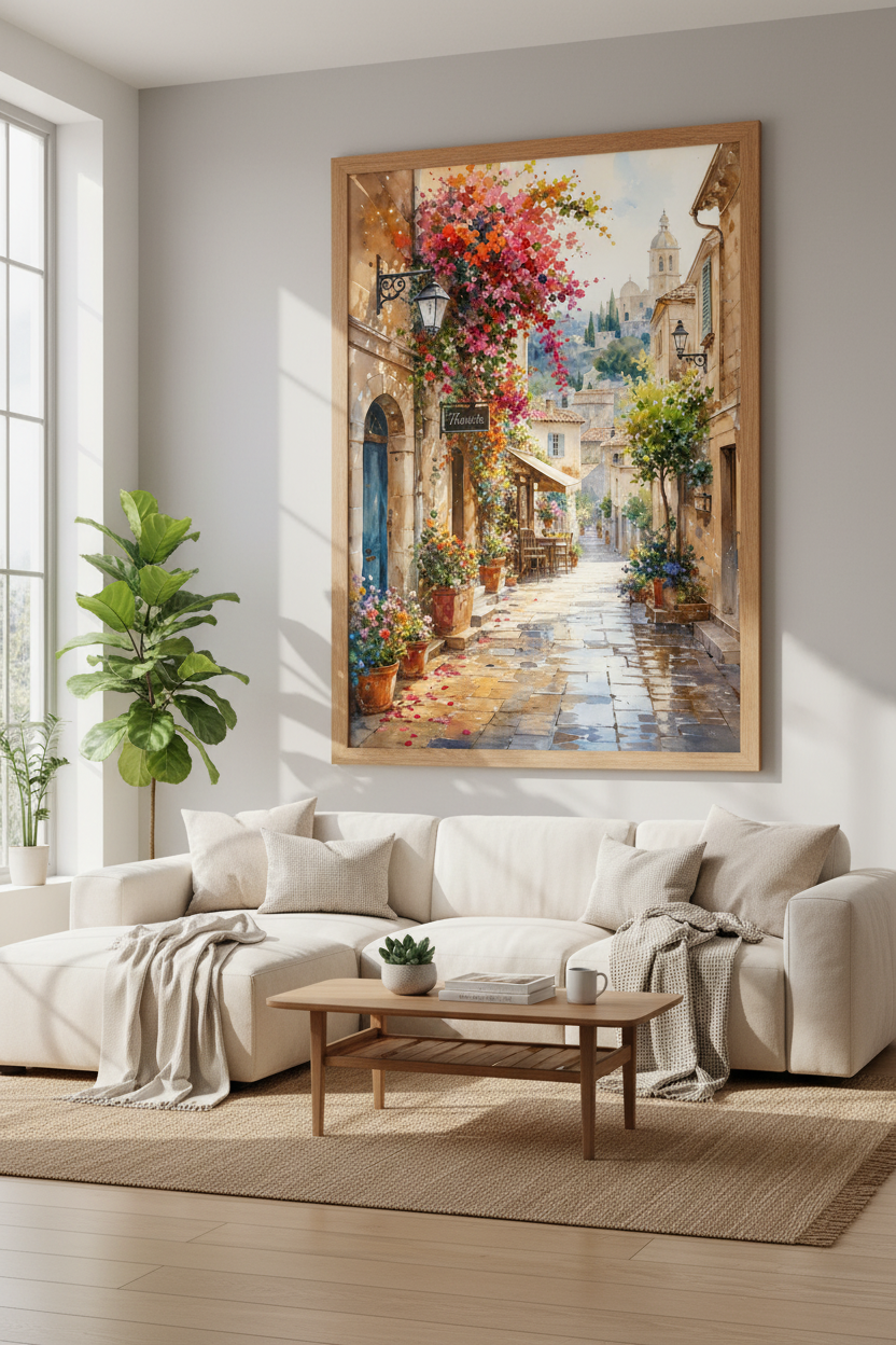 Italian Street Watercolor Wall Art | European Village Decor | Coastal Poster