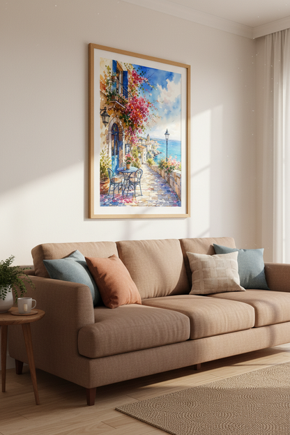 Italian Coastal Street Art | Watercolor Mediterranean Town, Blue &amp; Pink Sea Decor
