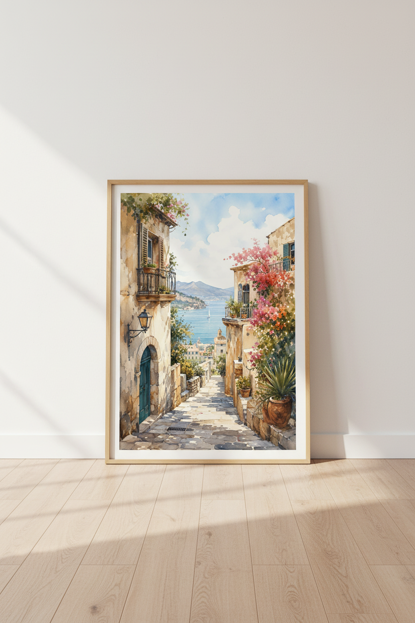 Italy Coastal Village Watercolor | Amalfi Coast Wall Art, Mediterranean Decor
