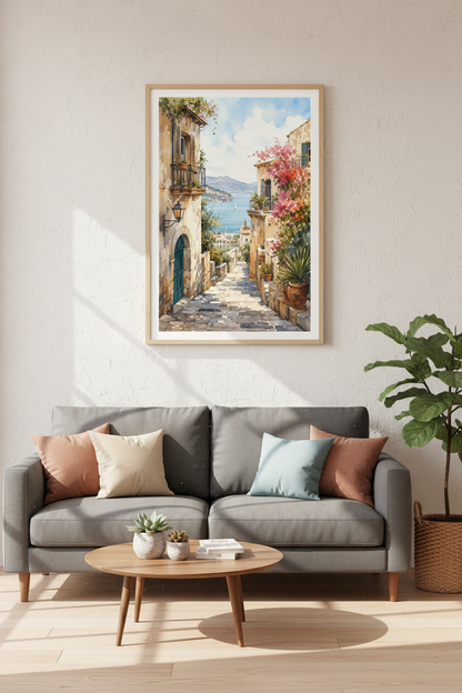 Italy Coastal Village Watercolor | Amalfi Coast Wall Art, Mediterranean Decor
