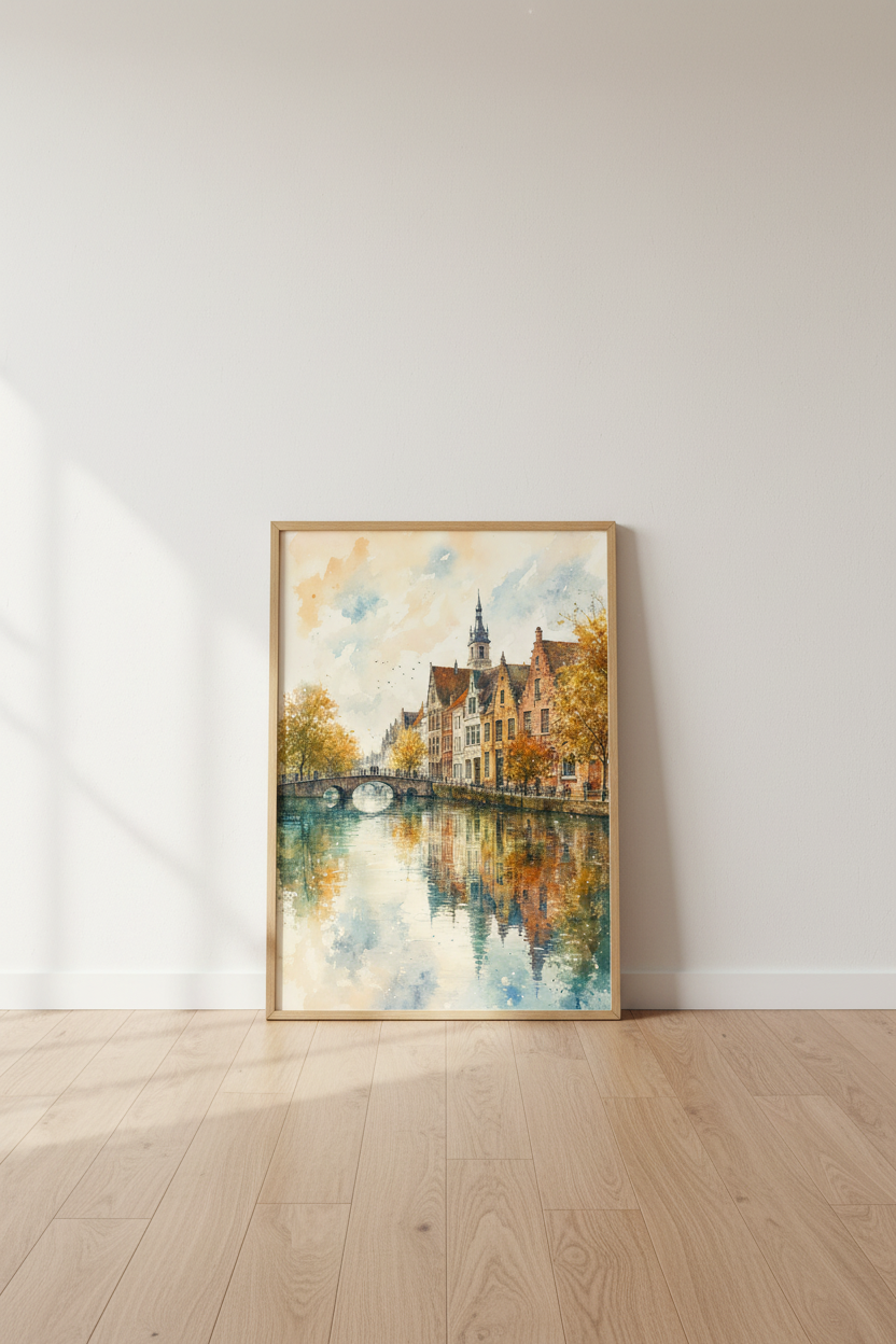 European Canal Watercolor Print | Autumn Cityscape Bridge Art, Living Room Poster