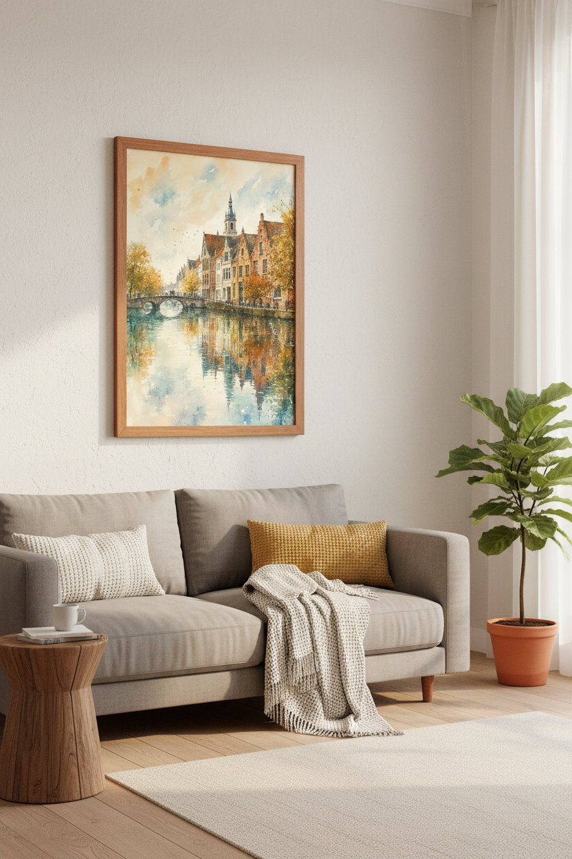 European Canal Watercolor Print | Autumn Cityscape Bridge Art, Living Room Poster