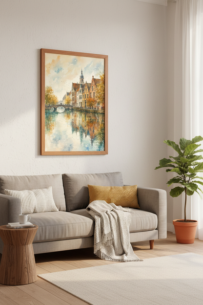 European Canal Watercolor Print | Autumn Cityscape Bridge Art, Living Room Poster