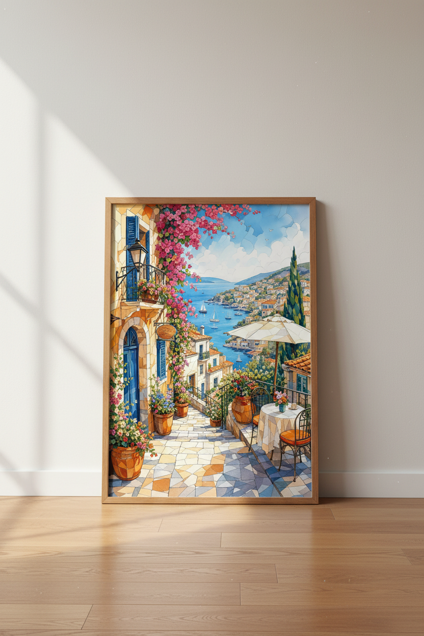 Mediterranean Coastal Village Wall Art | Vibrant Summer Decor | Seaside Travel Poster