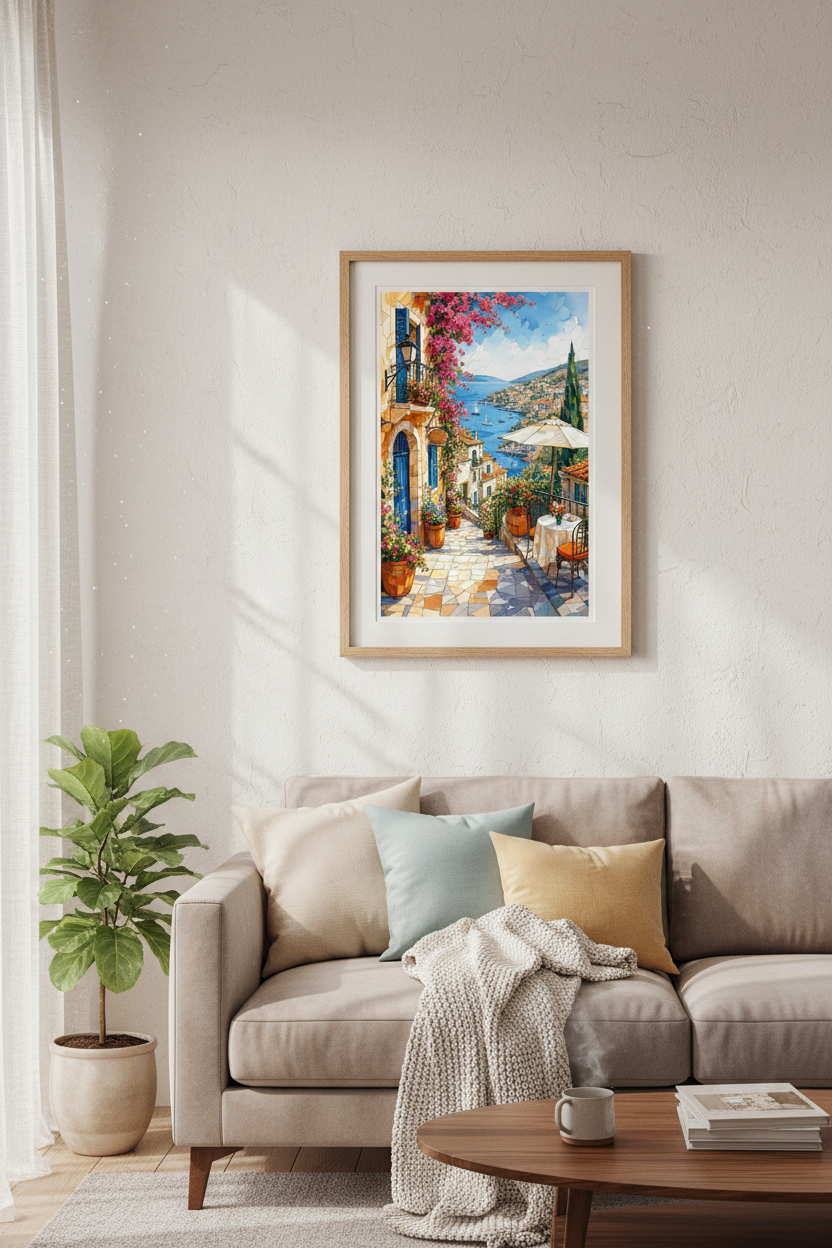 Mediterranean Coastal Village Wall Art | Vibrant Summer Decor | Seaside Travel Poster