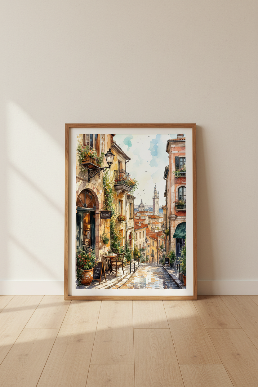 French Bakery Street Wall Art Print | Travel Cafe Decor | Watercolor Poster