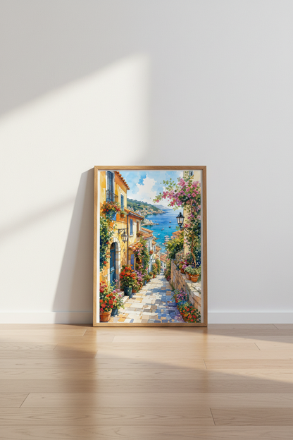 Mediterranean Coastal Watercolor Art | Italian Village Wall Decor | Bright Summer Poster