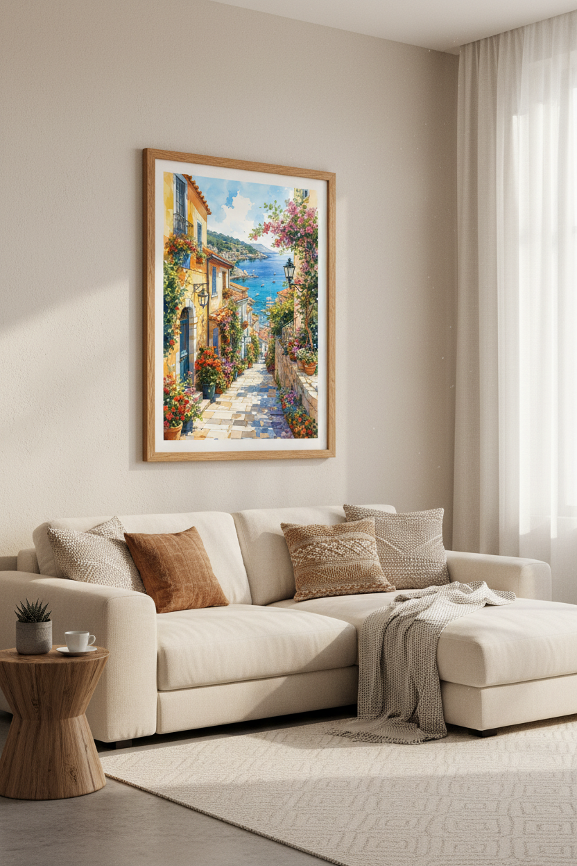 Mediterranean Coastal Watercolor Art | Italian Village Wall Decor | Bright Summer Poster