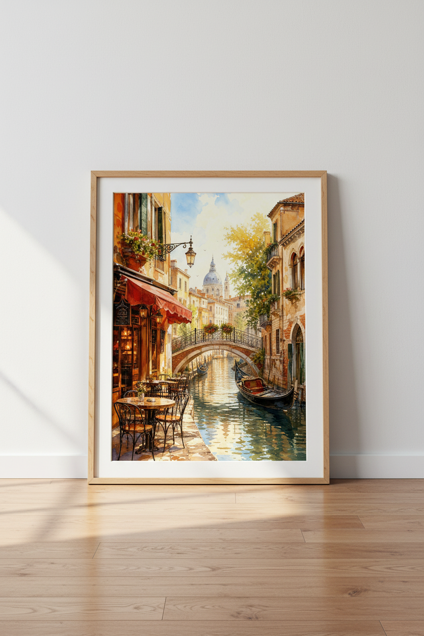 Venice Italy Watercolor Art | Canal Cafe Landscape | European Travel Poster