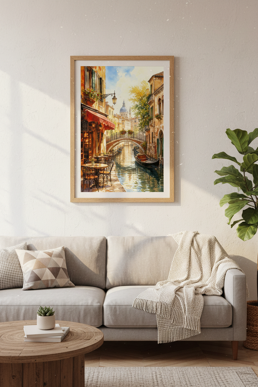 Venice Italy Watercolor Art | Canal Cafe Landscape | European Travel Poster