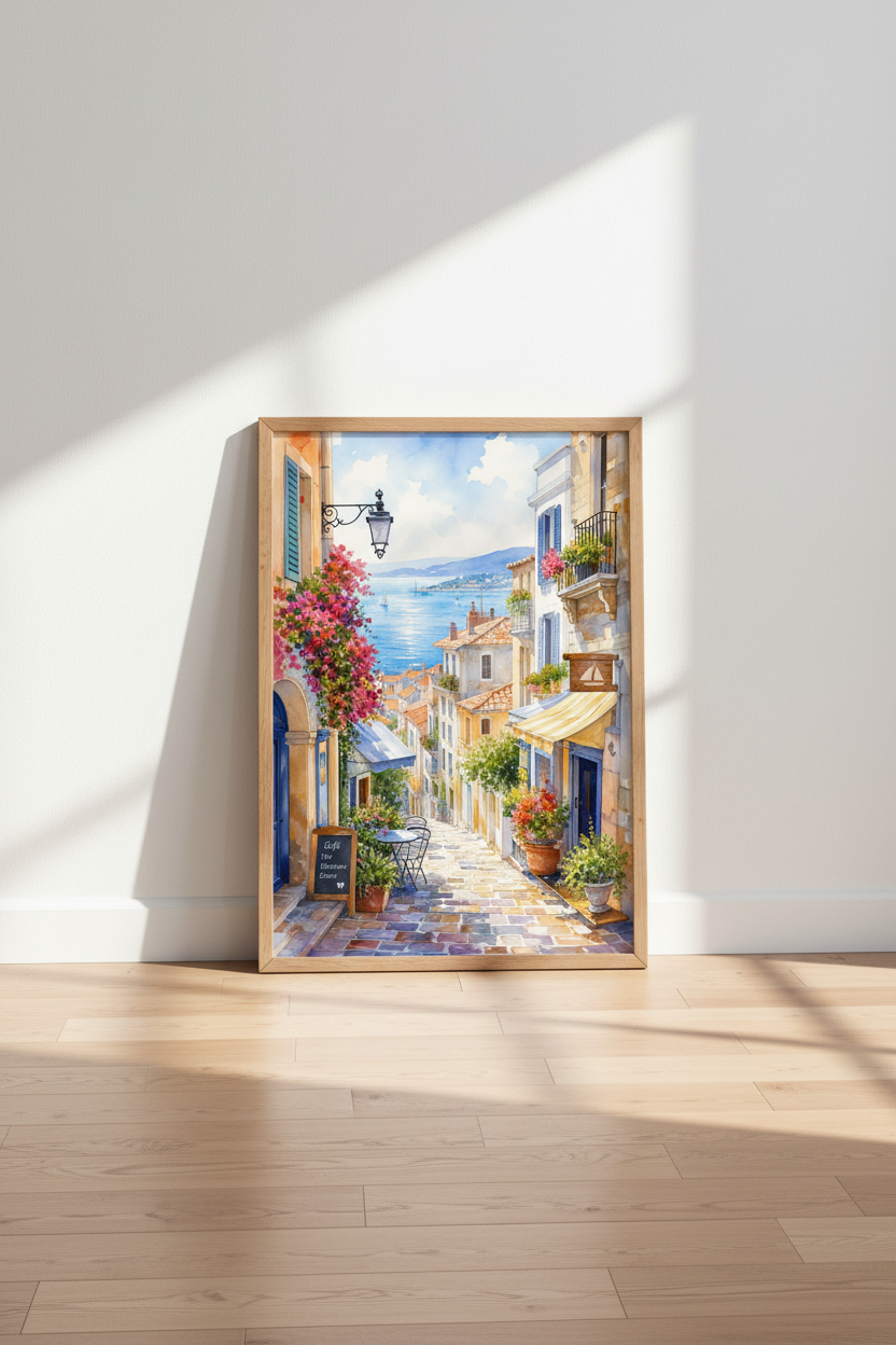 Coastal Mediterranean Town Art | Watercolor French Riviera Print, Kitchen Decor