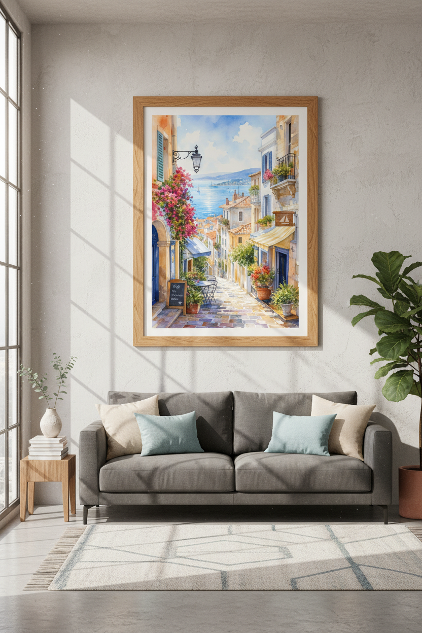 Coastal Mediterranean Town Art | Watercolor French Riviera Print, Kitchen Decor