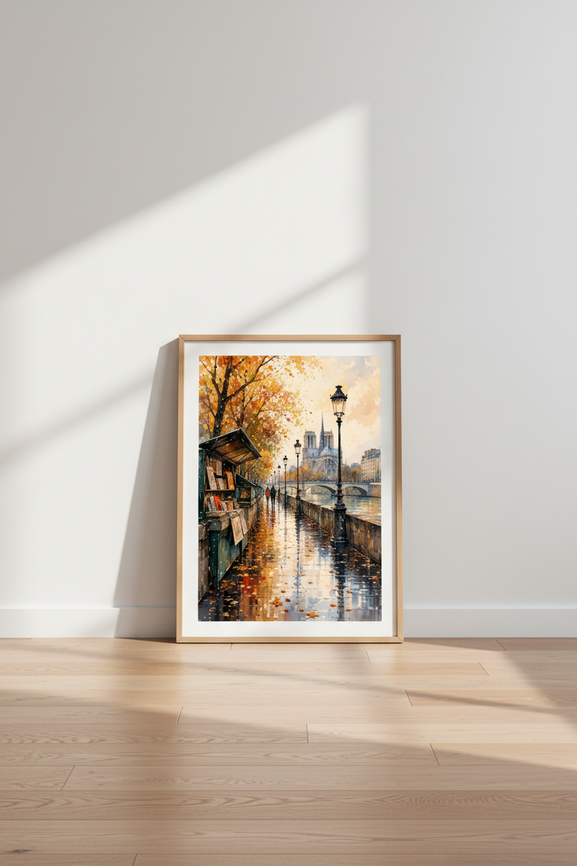 Paris Autumn Watercolor Wall Art | Notre Dame Seine River Print | Cozy Fall Decor