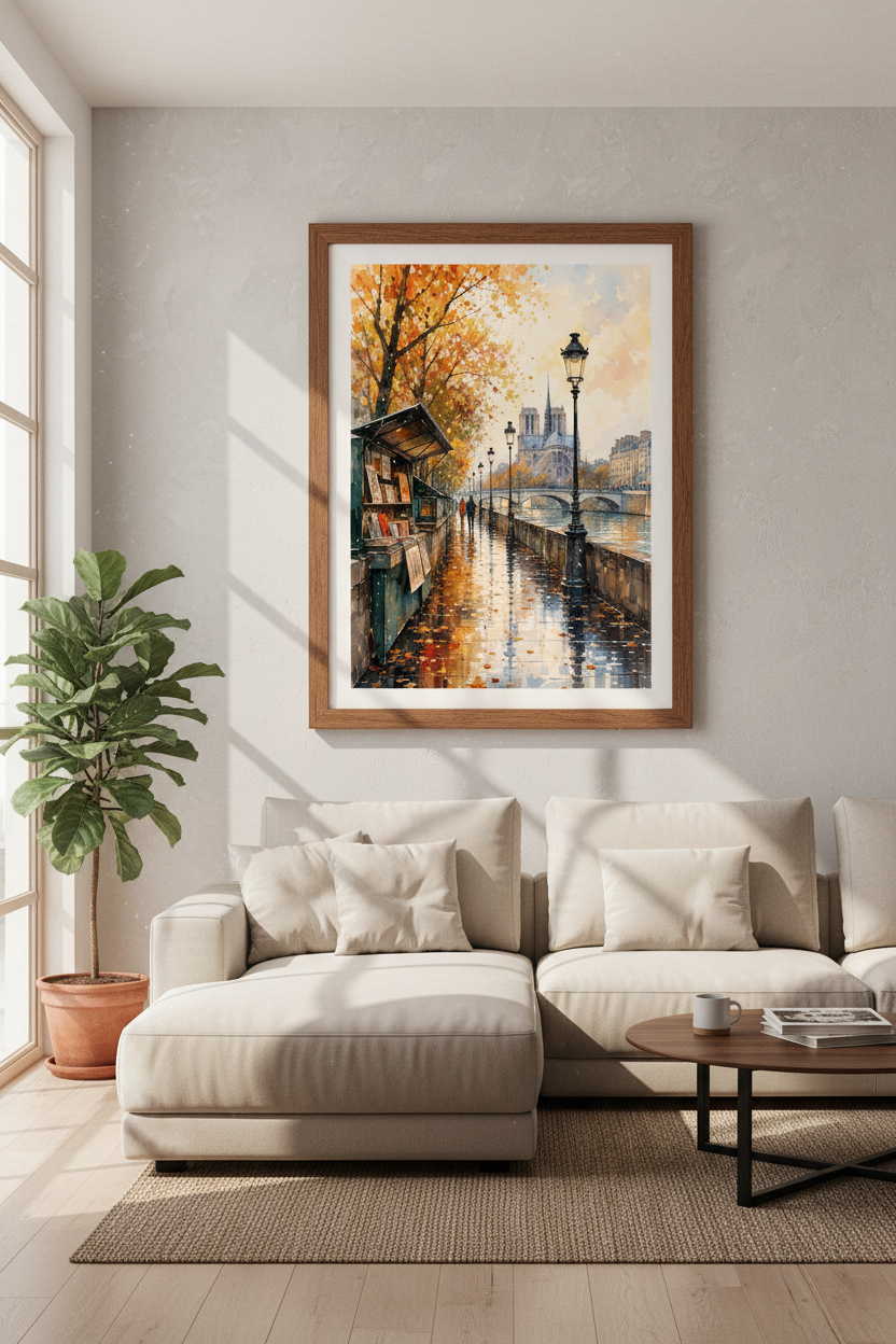 Paris Autumn Watercolor Wall Art | Notre Dame Seine River Print | Cozy Fall Decor