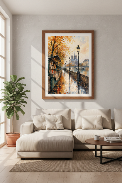 Paris Autumn Watercolor Wall Art | Notre Dame Seine River Print | Cozy Fall Decor