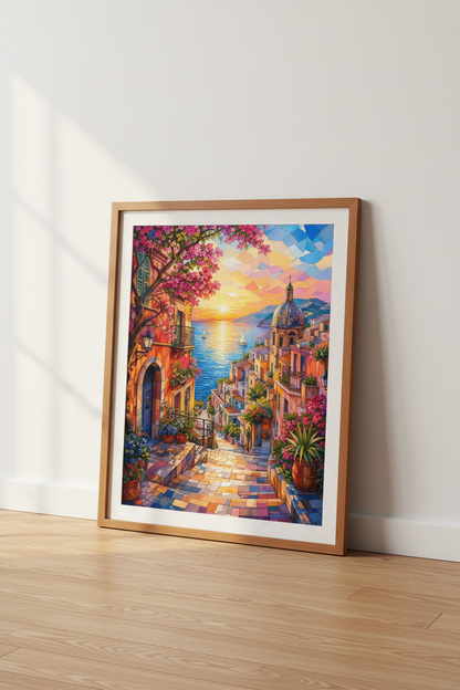 Amalfi Coast Mosaic Wall Art | Italy Sunset Poster, Mediterranean Coastal Decor