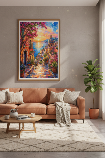 Amalfi Coast Mosaic Wall Art | Italy Sunset Poster, Mediterranean Coastal Decor