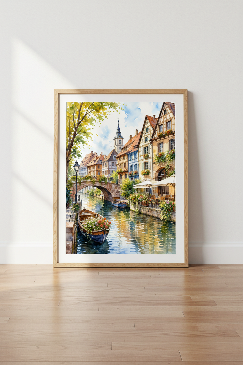European Village Watercolor Wall Art | Canal Decor, French Country Poster